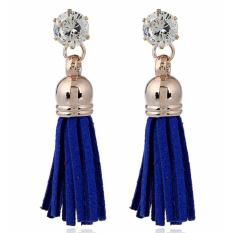 LRC Anting Tusuk Trendy Sapphire Blue Diamond&tassel Decorated Pure Color Simple Earrings
