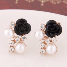 LRC Anting Wanita Sweet Black Diamond&rose Flower Decorated Simple Design Alloy Stud Earrings