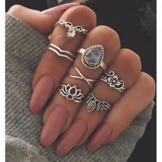LRC Cincin (7Pcs) Fashion Silver Color Crown Shape Decorated Pure Color Simple Ring