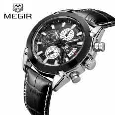 Megir 2020g Jam Tangan Pria Bermerk Bahan Kulit Asli Lempengan Kecil QUARTZ Tampilan jarum Tanggal searah - Hitam