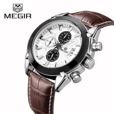 Megir 2020g Jam Tangan Pria Bermerk Bahan Kulit Asli Lempengan Kecil QUARTZ Tampilan jarum Tanggal searah - Hitam