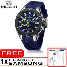 MEGIR MN2053G Jam Tangan Pria Sport Watch Chronograph Tali Silikon Kuarsa Jam Tangan Army Militer Anti Air - Biru + Free Headset Samsung