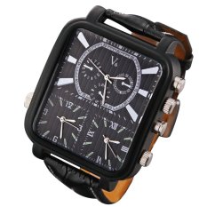 Men's Outdoor Sport Bisnis PU Kulit Watch Strap 3 Zona Waktu Watch Square Dial Kuarsa Analog Jam Tangan Hitam