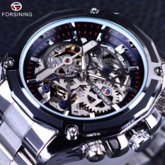 Mens Watch Transparan Kasus Golden Stainless Steel Skeleton Desain Mewah Top Brand Otomatis Watch (Silver Black)-Intl