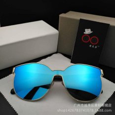 metal round Retro Sunglasses Siamese Influx of people sunglasses Man / woman European Western big KW glasses Wild outdoor (Blue lens gold frame)
