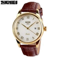 Moozoo SKMEI Wanita Kulit Pergelangan Tangan Jam Tangan Anti-air Kuarsa dengan Tanggal-Gold Kasus Sliver Wajah Tali Coklat MZ985R (Warna: seperti Gambar Pertama)-Intl
