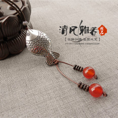 Asli MIMZF ikan liontin alami batu akik merah antik perak model panjang Kalung Berantai wanita musim gugur musim dingin Kalung Retro Aksesoris