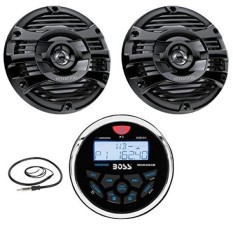 New Boss Audio Marine Boat Yacht Bluetooth In Dash MP3 USB Receiver Marine Gauge Stereo Digital Media AM/FM Audio Radio Player With 2 X 6.5 Inch Kenwood Marine Audio Spekaers System Black + Enrock Marine Antenna - Complete Marine Audio Package - intl