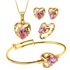 Kalung/Anting/Gelang/Cincin 18 Karat Berlapis Emas Model Bentuk Kristal Hati Set Perhiasan Untuk Anak Gadis S20172