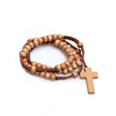 Baru Unisex Manik-manik Kayu Rosario Kalung dengan Liontin Cross (Kopi)