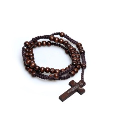 Baru Unisex Manik-manik Kayu Rosario Kalung dengan Liontin Cross (Kopi)-Intl