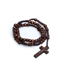 Baru Unisex Manik-manik Kayu Kalung Rosario dengan Liontin Cross (Kopi)-Intl