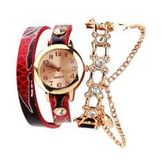 Baru Wanita Berpakaian Kuarsa Jam Tangan Snake Leather Gelang Emas Watch Merah