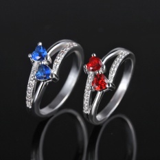 Terbaru Lingmei Jantung Memotong Cincin Perak Pernikahan Ruby Safir Spinel dan Putih Topaz Gemstone-Lampu Biru Double Hati Ukuran #9-Intl