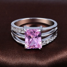 Terbaru Lingmei Pernikahan Hadiah Silver Ring Menghubungkan Cinta Jantung Memotong Rainbow/Putih/ungu & Putih Topaz Gemstone- Pink Square Ukuran #8-Internasional