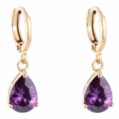 NiceEshop 18 Karat Kuning Berlapis Emas Ungu Berlian Buatan Grace Tetesan Air Kristal Liontin Anting Panjang