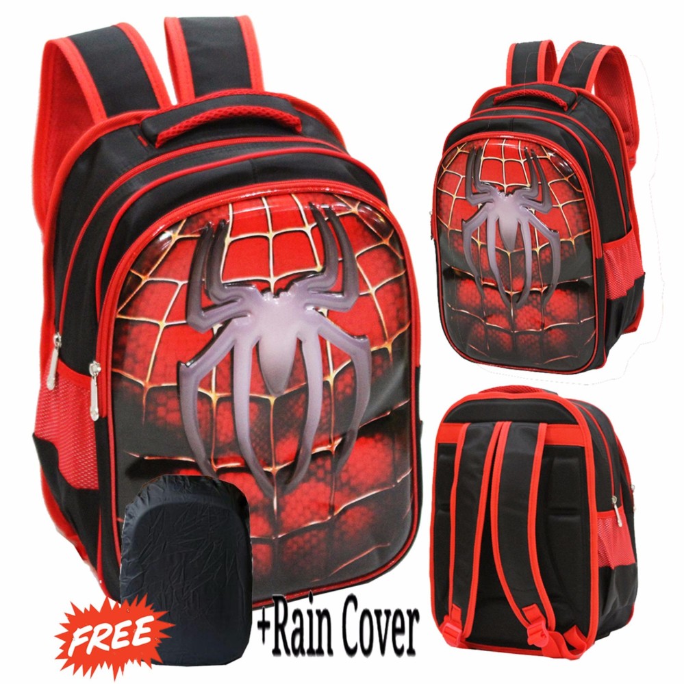 Onlan Spiderman Super Hero 6D Timbul Tas Ransel Anak Sekolah SD + RAIN COVER - Merah