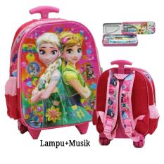 Onlan Tas Lampu & Music Trolley Anak Sekolah TK Frozen Cantik 5D Timbul Hologram Import + Kotak Pensil Set Alat Tulis - Pink