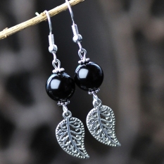 Oriental Gaya Retro Asli Alami Hitam Batu Akik Bibit Anting Perak