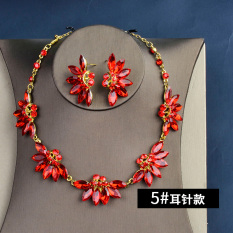 Pernikahan Merah Batu Kristal Udara Gaun Pengantin Gaun Baju Pelayanan Set Kalung Mempelai Wanita Kalung Anting