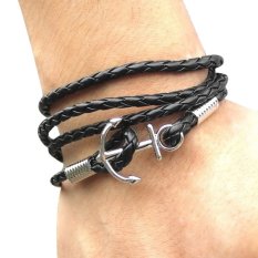 Phoenix B2C Pria Anchor Faux Kulit Multilayer Wrap Dikepang Bangle Charm Infinity Gelang (Hitam)