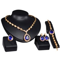 Phoenix B2C Wanita Formal Pesta Waterdrop Zirkonia Kubik Kalung Anting Gelang Cincin US6-9 (Biru)