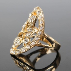 Phoenix B2C Wanita Rhinestone Berlubang Daun Warna Keemasan Mewah Pernikahan Perjamuan Cincin Perhiasan 19mm (GOLDEN)-Intl