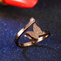 Populer Rose Gold Titanium Cincin Baja Perhiasan Pembukaan Zircon Frosted Kupu-kupu Betina Ring Pesona Wedding Ring-Intl