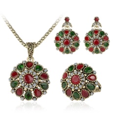 Qimiao Wanita Retro Perhiasan Elegan Kristal Liontin Kalung + Berlian Buatan Menyilaukan Subang + Cincin Bunga Model: 9 #-Internasional