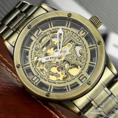 Retro Perunggu Antik Hollow Automatic Mechanical Men's Steel Strap Watch (Perunggu)-Intl