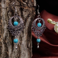 Etnis Retro Berongga Mengukir Tetesan Udara Pirus Dangle Anting-Anting Perhiasan-Internasional
