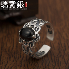 Ruibaoyin S925 Retro Thai Perak Ukiran Hitam Batu Akik Cincin