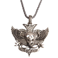 S & F Girl Anak Lelaki Sayap Tengkorak Kalung Liontin Shiny Berlian Imitasi Perak Antik Chic