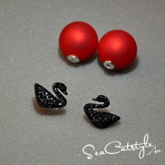 S925 Tahun Kelahiran Sterling Perak Jarum Hitam Angsa Mutiara Anting Anting