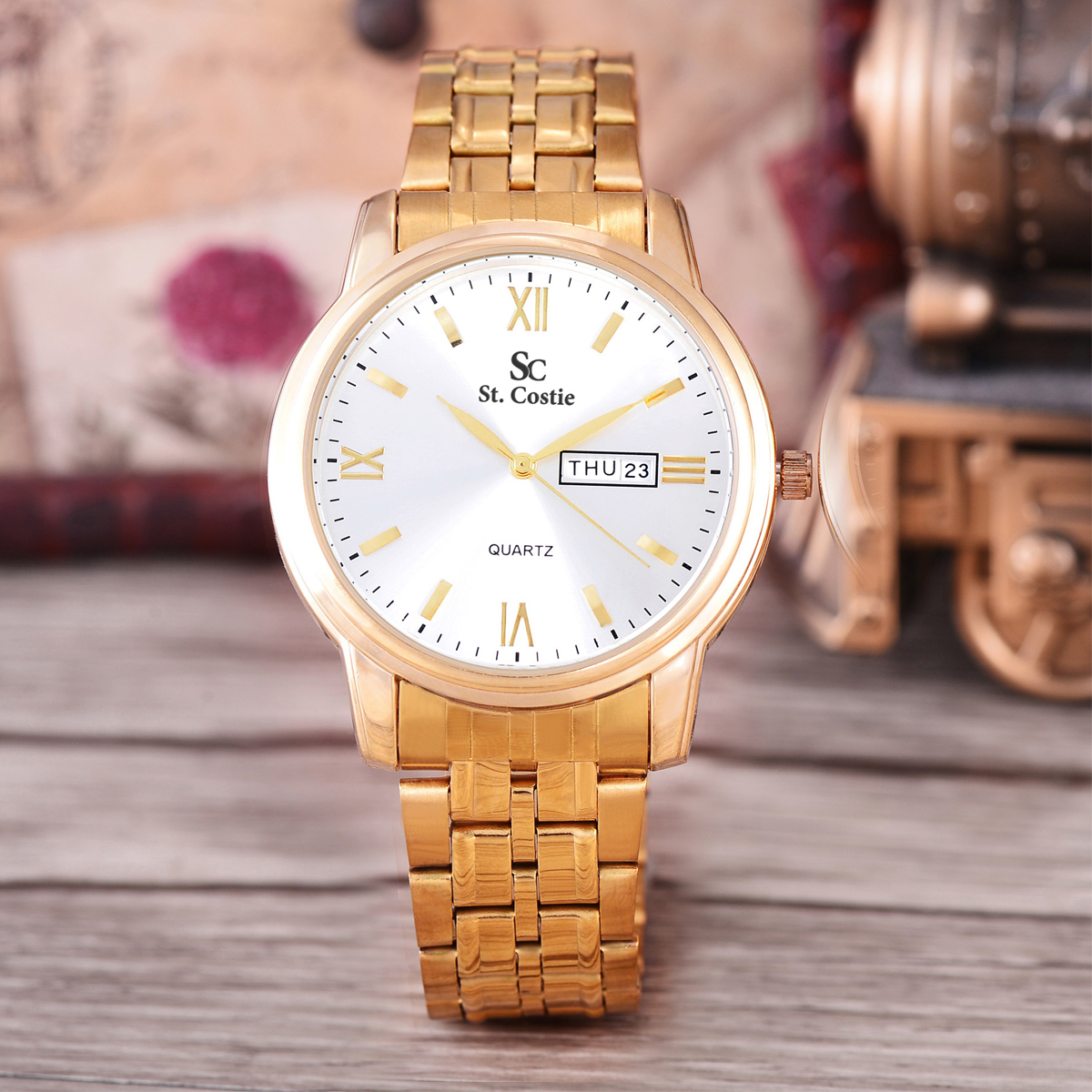 Saint Costie  Original Brand, Jam Tangan Pria - Body Gold - White Dial - Stainless Stell Band - SC-RT-8026G-TH-GW-GOLD