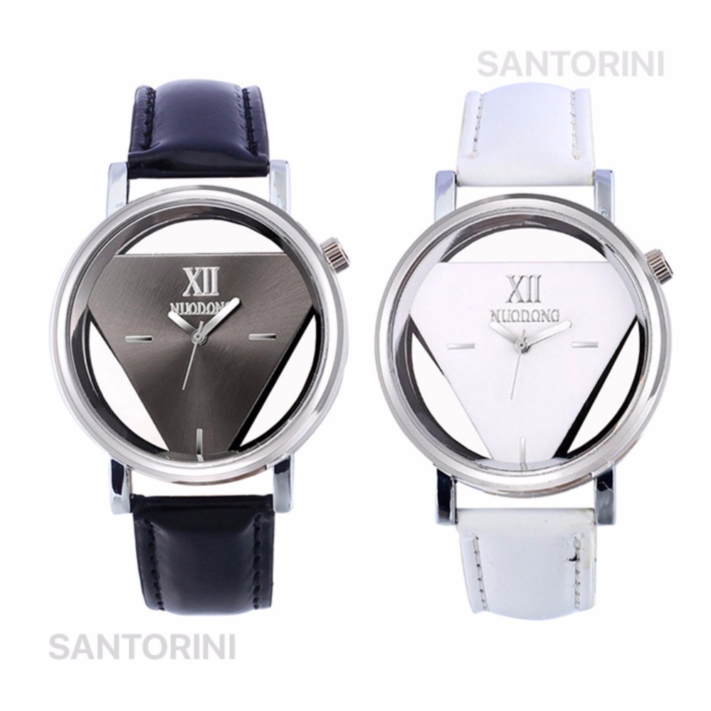 Santorini 1 Pasang Jam Tangan Pria Wanita Triangle Fashion Faux Leather Quartz Analog Men Lady Watch - BLACK & WHITE