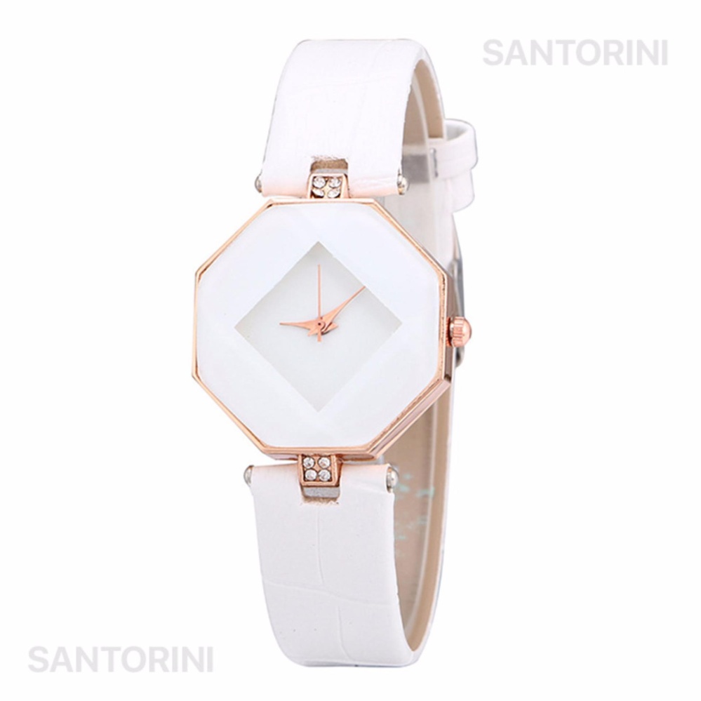 Santorini Jam Tangan Wanita Fashion Faux Leather Luxury Women Analog Quartz Wrist Watch - WHITE
