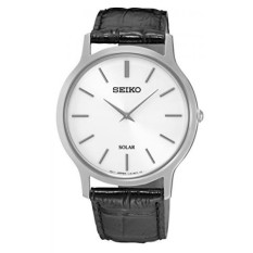 SEIKO SUP873P1, Mens Solar QUARTZ, Nada Perak Stainless Steel Case, Tali Kulit, 30 M WR, SUP873-Intl