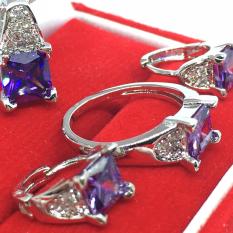 Set Perhiasan Cincin Kalung Anting Batu Ungu Lapis Platinum
