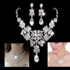 Silver Alloy Berlian Imitasi Anting Crystal Pendant Kalung Bridal Perhiasan Set-Intl