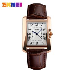 SKMEI Jam Tangan Quartz Analog Wanita Tampilan Retro Bentuk Kotak Tali Kulit PU Warna Coklat