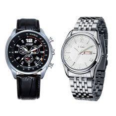 6852 Pria QUARTZ Kalender Leather Strap Watch (Penuh Hitam) + EYKI E-Kali W8470 Pria Stainless Steel Watch Silver Putih-Intl