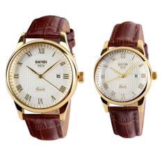 SKMEI Merek 9058 Nya-dan-miliknya Watches Fashion Casual Watches Leather Strap 30 M Waterproof Pecinta Kuarsa Jam Tangan -Brown + Gold + Putih