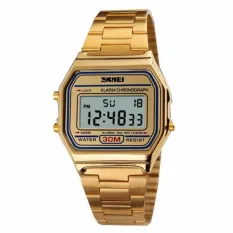 SKMEI Casio Digital Casual Men Stainless Strap Watch Anti Air Water Resistant WR 30m DG1123 Jam Tangan Pria Formal Kerja Tali Besi Fashion Accessories - Gold + BOX