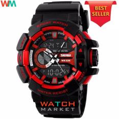 SKMEI Casio Dual Time Men Sport LED Watch Anti Air Water Resistant WR 50m AD1117 Jam Tangan Pria Tali Strap Karet Digital Alarm Wristwatch Wrist Watch Fashion Accessories Stylish Trendy Model Baru Sporty Design - Hitam Merah