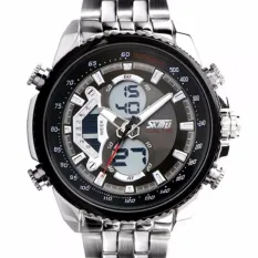 SKMEI Casio Dual Time Men Sport LED Watch Anti Air Water Resistant WR 30m AD0993 Jam Tangan Pria Tali Steel Besi Digital Analog Wristwatch Fashion Sporty Desain - Silver Hitam + BOX