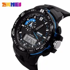 SKMEI Casio Dual Time Men Sport LED Watch Anti Air Water Resistant WR 30m AD1081 Jam Tangan Pria Tali Strap Karet Silicone Digital Analog Wristwatch Fashion Sporty Desain - Hitam Biru