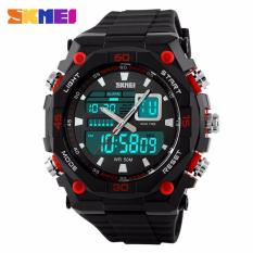 SKMEI Dual Time Casio Men Sport LED Anti Air Water Resistant WR 50m AD1092 Jam Tangan Pria Tali Karet Digital Analog Alarm Wristwatch Wrist Watch Fashion Sporty Design - Hitam Merah