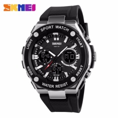 SKMEI Dual Time Men Sport LED Watch Anti Air Water Resistant 50m AD1187 / Jam Tangan Pria Tali Karet Digital Analog Alarm Wrist Watch Garansi 1 Bulan - Hitam Silver