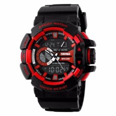 SKMEI Dual Time Men Sport LED Watch Anti Air Water Resistant WR 50m AD1117 Jam Tangan Pria Tali Strap Karet Digital Alarm Wristwatch Wrist Watch Fashion Accessories Stylish Trendy Model Baru Sporty Design - Hitam Merah
